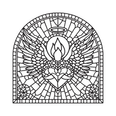 Fototapeta premium Minimalist mosaic outline of angel with blazing heart inside arc window