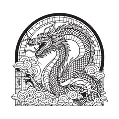 Minimalist Mosaic Outline of Asian Dragon inside Arc Window for Coloring