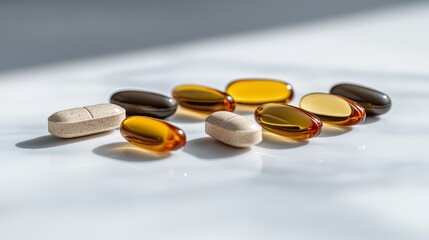 row of fish oil omega-3 capsules reflecting sunlight on white background, healthy supplements promo 
