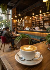 A cup of steaming coffee with latte art, surrounded by a cozy cafe setting.

