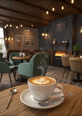 Fototapeta premium A cup of steaming coffee with latte art, surrounded by a cozy cafe setting. 