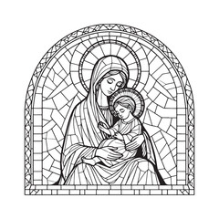 Fototapeta premium Minimalist Mosaic Outline of Mary and Child Jesus in Arc Window
