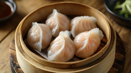 Steamed shrimp dumplings in bamboo basket, showcasing traditional Asian cuisine. translucent wrappers reveal succulent filling, creating appetizing presentation