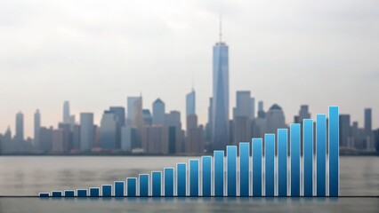 Naklejka premium Ascending Blue Bar Graph Against Blurred City Skyline