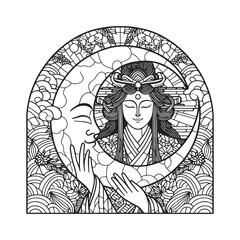 Naklejka premium Minimalist Tsukuyomi Mosaic Outline in Arc Window for Coloring Page