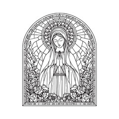 Fototapeta premium Minimalist mosaic outline of Virgin Mary praying in serene garden window