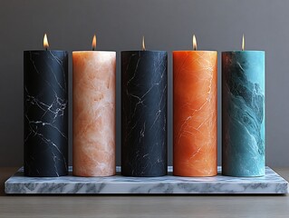 Five elegant marble-effect candles softly glow creating a warm inviting ambiance. AI Generated