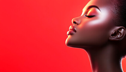 Artistic portrait of a woman against a vibrant red background beauty shot studio lighting close-up empowerment