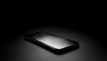 검은 배경에서 스마트폰이 빛을 받으며 놓여 있다