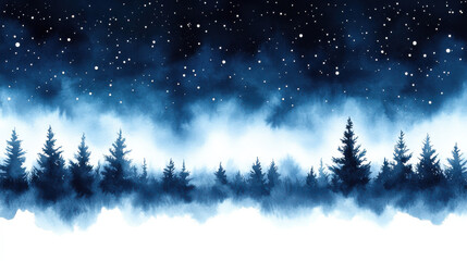 serene watercolor landscape featuring dark trees against starry night sky, evoking sense of calm and wonder