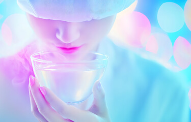 Captivating moment woman holding glass of water vibrant city background artistic photography dreamy atmosphere close-up view serenity