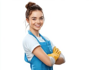 Smiling woman in cleaning attire with gloves.