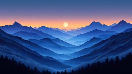 Serene Sunset Mountainscape Blue Hues Peaceful Landscape. AI Generated