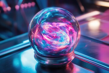 A glass orb containing swirling pink and blue nebula-like energy, rests on a metallic stand.
