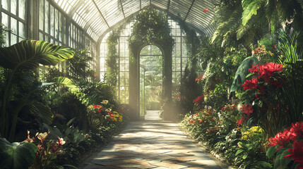 Obraz premium Greenhouse empty interior with glass walls, windows, roof and stone floor. Winter garden, orangery, hothouse cartoon background, place for growing flowers and plants inside view, Vector illustration