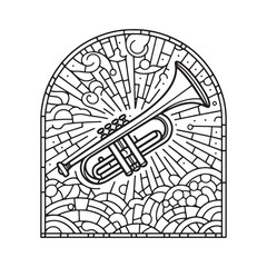 Fototapeta premium Minimalist Mosaic Trumpet Inside Arc Window Symbolizing Gospel Call