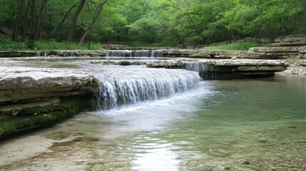 Cascading Waterfall Over Rocks with Green Forest Backdrop Landscape