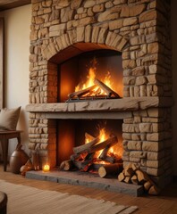 Warm golden light emanating from a crackling fireplace, wood burning, crackling flames, fireplace