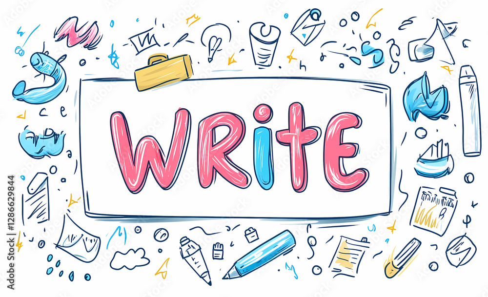 Poster creative writing: a colorful and dynamic illustration featuring the word 
