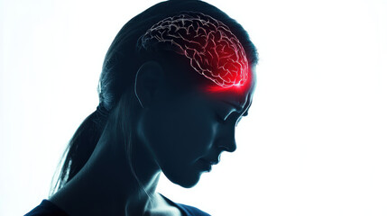woman experiencing head pain is depicted with highlighted brain area, symbolizing headache or migraine. image is isolated on white background, emphasizing concept of pain and discomfort