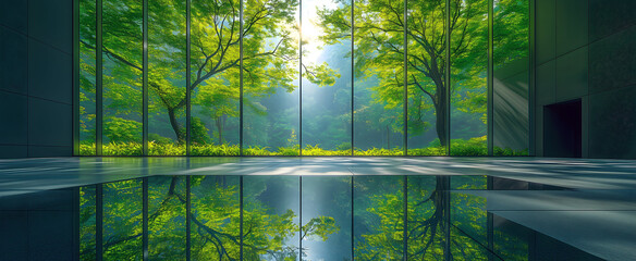 Naklejka premium Modern, abstract architecture with glass facade and integrated solar technology that reflects green trees. A symbolic image for sustainable construction, energy use and the future of green cities.