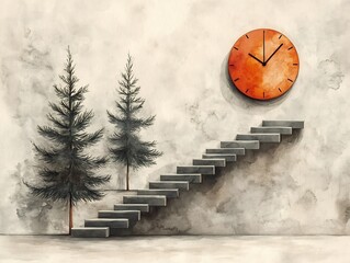 Ascending Stone Steps Time Flies Watercolor Art. AI Generated