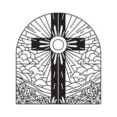 Mosaic cross with sun rays landscape in arc window minimalist outline