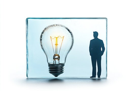 A large illuminated lightbulb and a small businessman inside a glass cube symbolizes big ideas and potential.