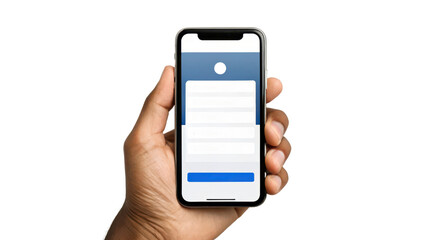 Hand Holding Smartphone Showing Simple Blue and White Form on Transparent Background