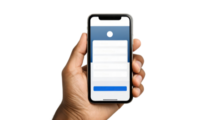 Hand Holding Smartphone Showing Simple Blue and White Form on Transparent Background