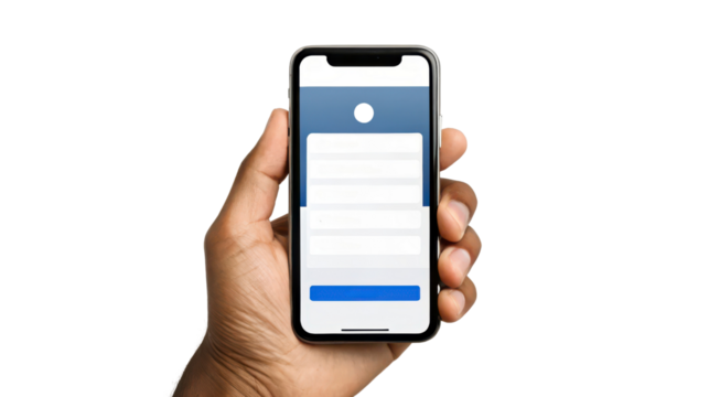 Hand Holding Smartphone Showing Simple Blue and White Form on Transparent Background