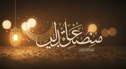Naklejka premium Stylized Arabic calligraphy with golden ornamented patterns and crescent moon design