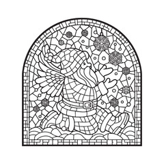 Mosaic Santa Claus creating a snow angel inside an arched window