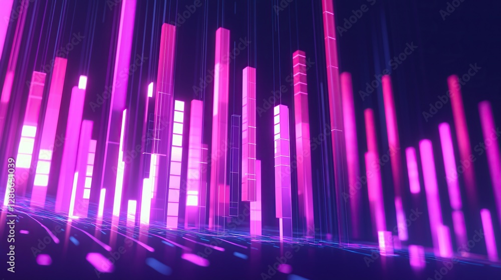 Poster Abstract visualization of data with glowing pink bars and connected lines futuristic atmosphere