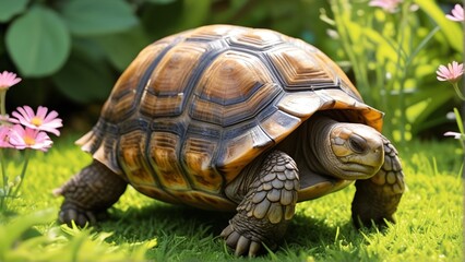 Obraz premium A realistic depiction of a tortoise with a patterned shell, standing on lush green grass surrounded by pink flowers.
