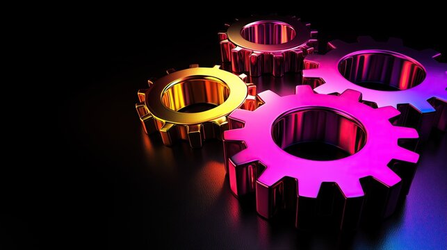 vibrant metal gears interlocked illuminated by spectrum of colors on dark backdrop