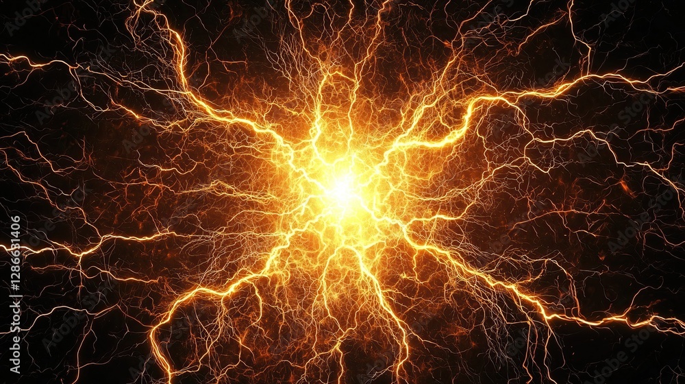 Aufkleber electrical discharge radiates outward from central point branching patterns in vivid amber tones