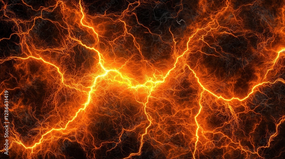 Poster vibrant orange energy cascades across dark backdrop illuminating branching patterns of power