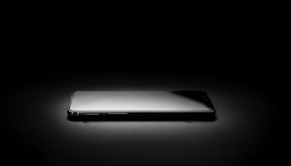 검은 배경에서 스마트폰이 빛을 받으며 놓여 있다