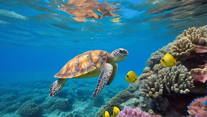 Fototapeta premium A sea turtle swims near vibrant coral reefs with yellow fish and colorful corals.