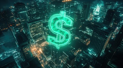Futuristic city skyline with glowing dollar symbol representing finance and economic growth at night