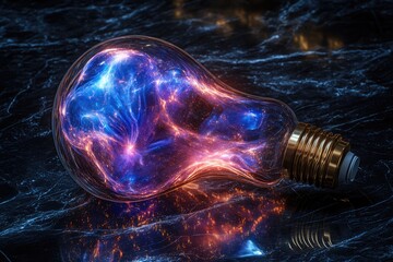 A mesmerizing nebula-like energy contained within a glass lightbulb, resting on a dark surface.