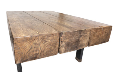 Wooden Oak Coffee Table isolated on white background. Handmade wooden table made of massive oak logs in an industrial style.