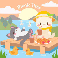 Two Cute Cats Enjoying a Relaxing Lakeside Picnic