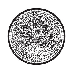 Stylized Mosaic Gorgon Portrait in Arc Window Coloring Page Design