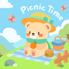Fototapeta premium Cute Bear Enjoying a Picnic on a Sunny Day. Kawaii Bear Having a Relaxing Outdoor Picnic.