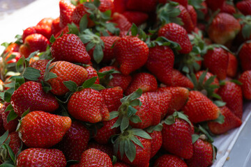 Piles of fresh strawberries for sale at the market.