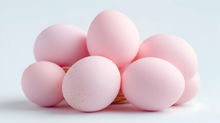 Fototapeta premium Pink eggs in basket, studio shot, light background, food photography