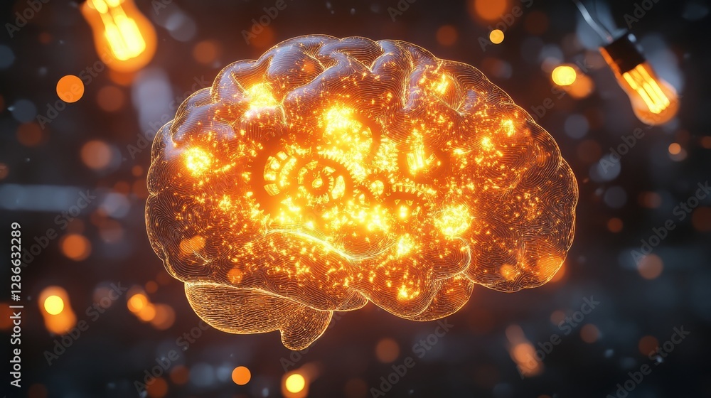Poster glowing brain with conceptual light effects representing creativity and intelligence in innovation