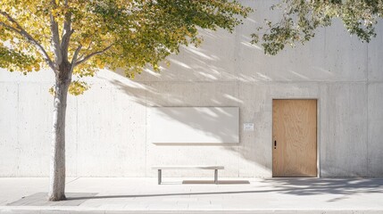 Empty urban plaza with a tree and bench